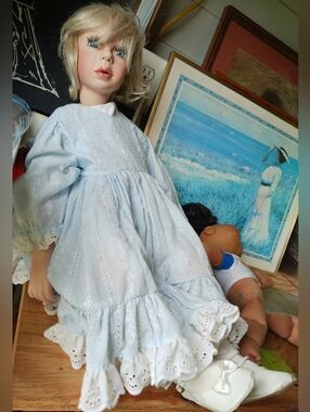 Classic Blue Porcelain Doll in Light Blue Dress. 2ft Tall